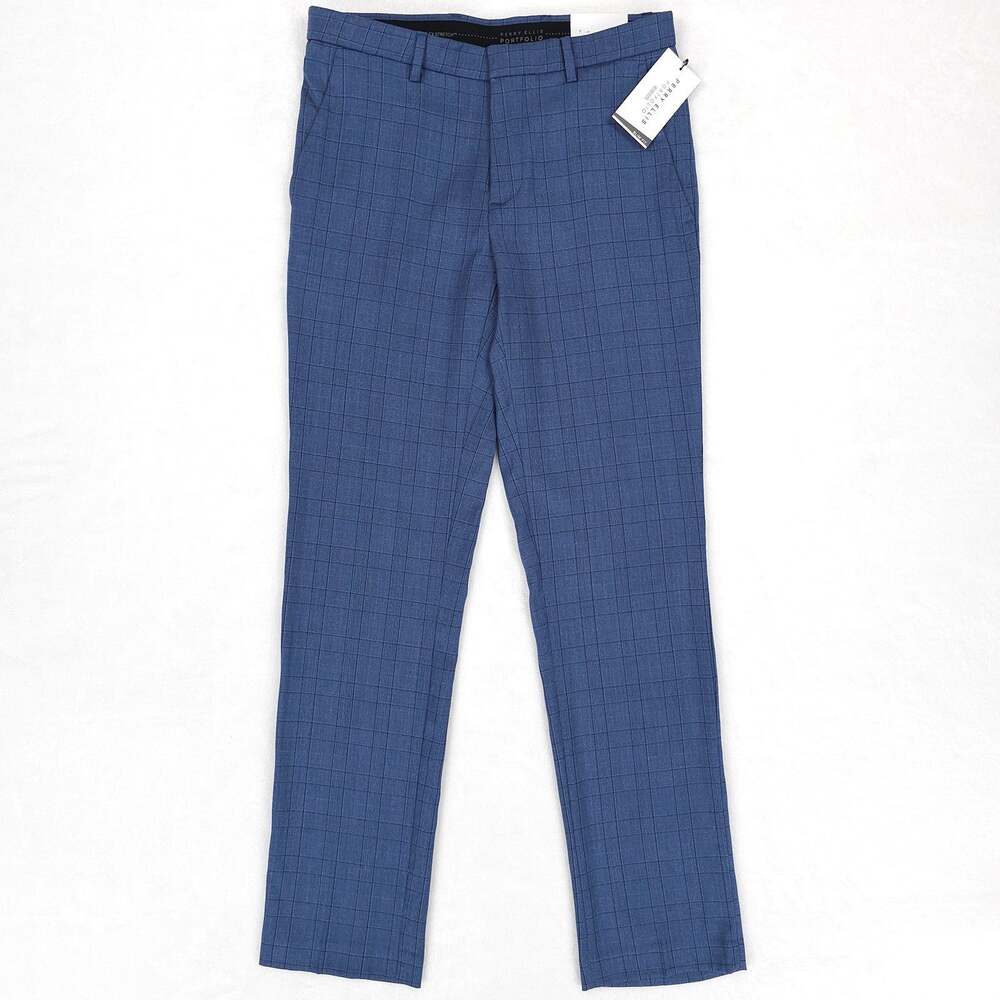 Perry Ellis Mens Slim Fit Dress Pants 30x32 Medium Blue Plaid Stretch NWT